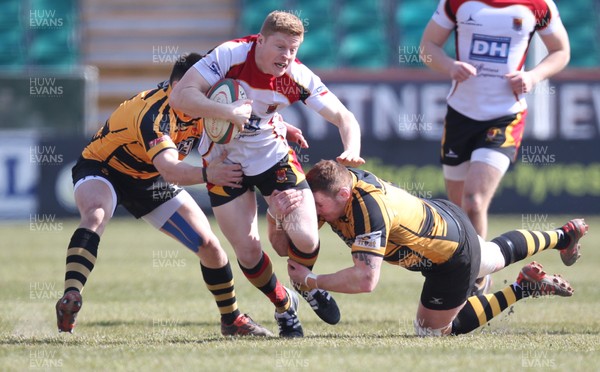 060413 - Newport RFC v Carmarthen Quins, Principality Premiership - Carmarthen Quins' Alex Pickersgill takes on the Newport defence