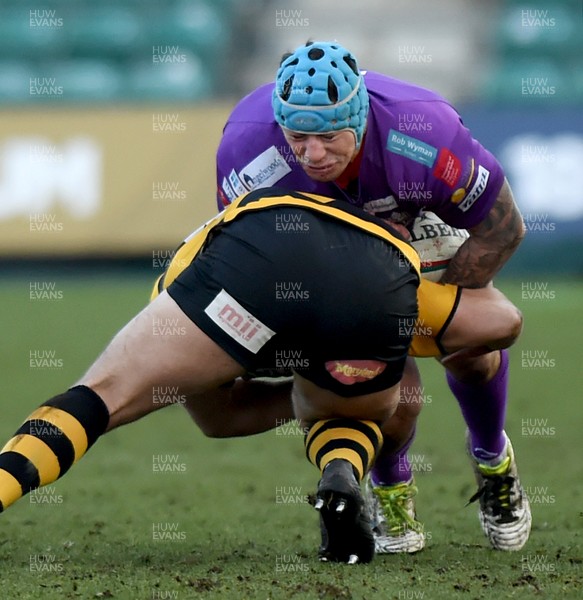 040218 - Newport v Ebbw Vale - Welsh Principality Premiership - Joe Franchi of Ebbw Vale is tackled by Tom Piper of Newport