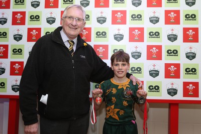 210324 - Newport v Vale of Glamorgan - Welsh Schools Junior Group U11 DC Thomas Plate Final - Man of the Match Reggie Roberts of Vale of Glamorgan with Roy Bergiers