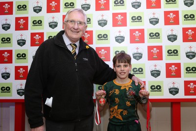 210324 - Newport v Vale of Glamorgan  - Welsh Schools Junior Group U11 DC Thomas Plate Final - Man of the Match Reggie Roberts of Vale of Glamorgan with Roy Bergiers