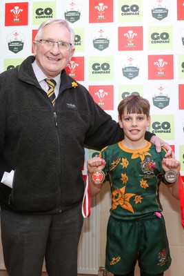 210324 - Newport v Vale of Glamorgan  - Welsh Schools Junior Group U11 DC Thomas Plate Final - Man of the Match Reggie Roberts of Vale of Glamorgan with Roy Bergiers