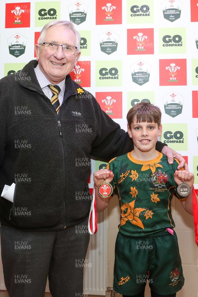 210324 - Newport v Vale of Glamorgan  - Welsh Schools Junior Group U11 DC Thomas Plate Final - Man of the Match Reggie Roberts of Vale of Glamorgan with Roy Bergiers