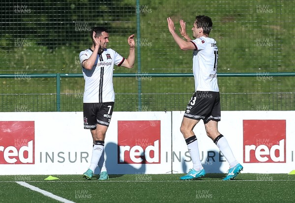 130721 - Newtown v Dundalk, UEFA Europa Conference League first qualifying round, second leg - Michael Duffy of Dundalk celebrates with Raivis Jurkovskis of Dundalk after scoring the opening goal