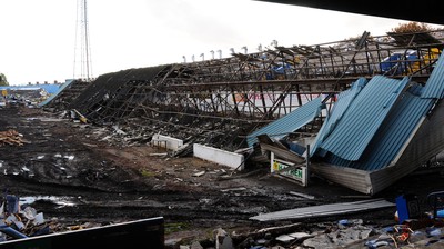 22.10.09 -  Demolition of Grandstand at Ninian Park , former ground of Cardiff City FC, the old grandstand after being demolished. 