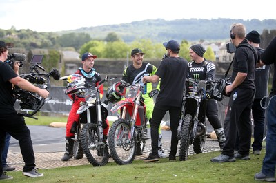 100919 - Nitro World Games - Picture shows riders Jackson Strong, Josh Sheehan and Luc Ackerman setting a new world record for three riders doing double backflips at once in front of Caerphilly Castle, South Wales