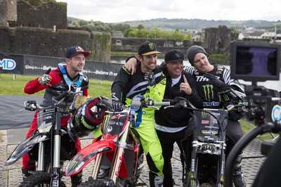 100919 - Nitro World Games - Picture shows riders Jackson Strong, Josh Sheehan and Luc Ackerman setting a new world record for three riders doing double backflips at once in front of Caerphilly Castle, South Wales