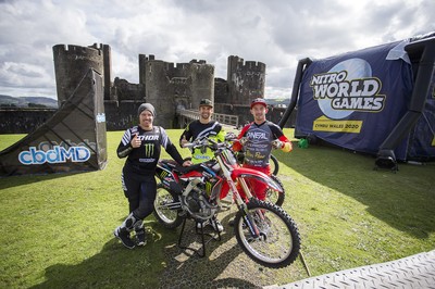 100919 - Nitro World Games - Picture shows riders Jackson Strong, Josh Sheehan and Luc Ackerman setting a new world record for three riders doing double backflips at once in front of Caerphilly Castle, South Wales