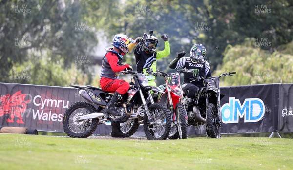 100919 - Nitro World Games - Picture shows riders Jackson Strong, Josh Sheehan and Luc Ackerman setting a new world record for three riders doing double backflips at once in front of Caerphilly Castle, South Wales