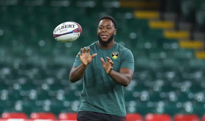 230525 - Northampton Saints Captain’s Run -  Emmanuel Iyogun of Northampton Saints during Captain’s Run ahead of the EPCR Champions Cup Final against Union Bordeaux-Begles at the Principality Stadium, Cardiff  