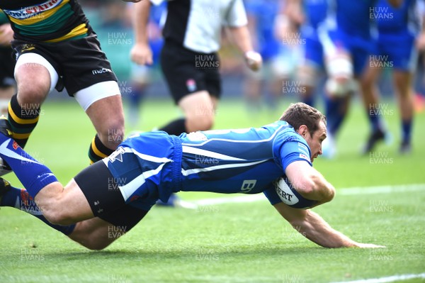 120817 - Northampton Saints v Dragons Rugby - Preseason Friendly - Adam Warren of Dragons scores try