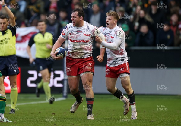 180126 - Northampton Saints v Scarlets - European Rugby Champions Cup - Ryan Elias of Scarlets celebrates scoring a try with team mates