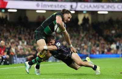 240525 - Northampton Saints v Union Bordeaux-Begles, EPCR Champions Cup Final - Ollie Sleightholme of Northampton Saints is tackled