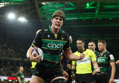 240525 - Northampton Saints v Union Bordeaux-Begles, EPCR Champions Cup Final - Alex Coles of Northampton Saints celebrates after he races in to score try