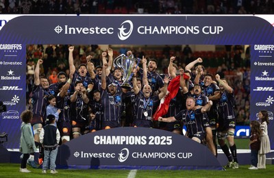 240525 - Northampton Saints v Union Bordeaux-Begles, EPCR Champions Cup Final - Union Bordeaux-Begles celebrate as they lift the Investec Champions Cup