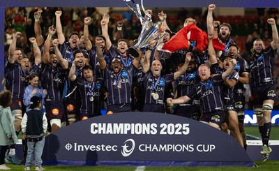 240525 - Northampton Saints v Union Bordeaux-Begles, EPCR Champions Cup Final - Union Bordeaux-Begles celebrate as they lift the Investec Champions Cup