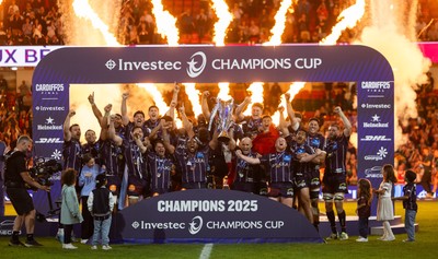 240525 - Northampton Saints v Union Bordeaux-Begles, EPCR Champions Cup Final - Union Bordeaux-Begles celebrate as they lift the Investec Champions Cup