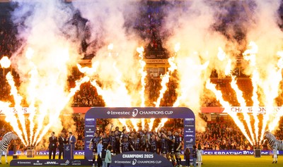 240525 - Northampton Saints v Union Bordeaux-Begles, EPCR Champions Cup Final - Union Bordeaux-Begles celebrate as they lift the Investec Champions Cup