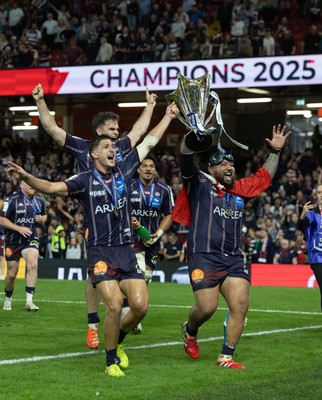 240525 - Northampton Saints v Union Bordeaux-Begles, EPCR Champions Cup Final - Union Bordeaux-Begles celebrate as they lift the Investec Champions Cup