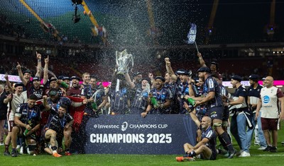 240525 - Northampton Saints v Union Bordeaux-Begles, EPCR Champions Cup Final - Union Bordeaux-Begles celebrate as they lift the Investec Champions Cup