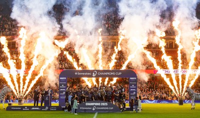240525 - Northampton Saints v Union Bordeaux-Begles, EPCR Champions Cup Final - Union Bordeaux-Begles celebrate as they lift the Investec Champions Cup