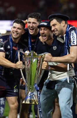 240525 - Northampton Saints v Union Bordeaux-Begles, EPCR Champions Cup Final - Union Bordeaux-Begles celebrate with the trophy