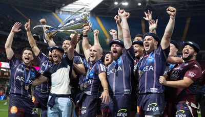 240525 - Northampton Saints v Union Bordeaux-Begles, EPCR Champions Cup Final - Union Bordeaux-Begles celebrate with the trophy