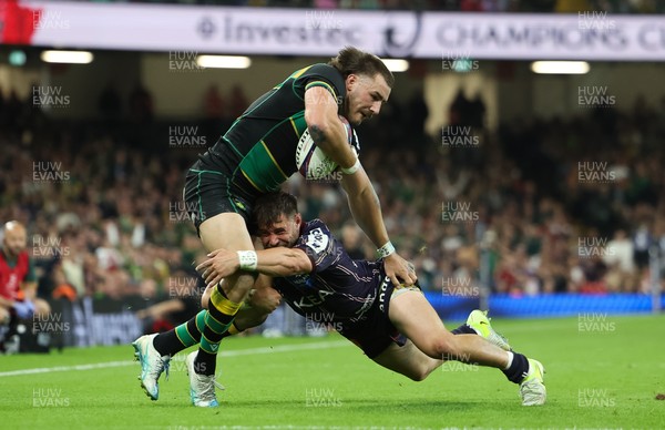 240525 - Northampton Saints v Union Bordeaux-Begles, EPCR Champions Cup Final - Ollie Sleightholme of Northampton Saints is tackled
