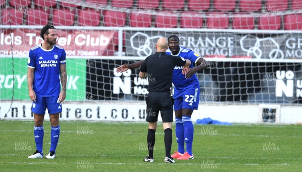 050920 - Northampton Town v Cardiff City - Carabao Cup First Round South - Referee Darren Drysdale talks to Sol Bamba of Cardiff City