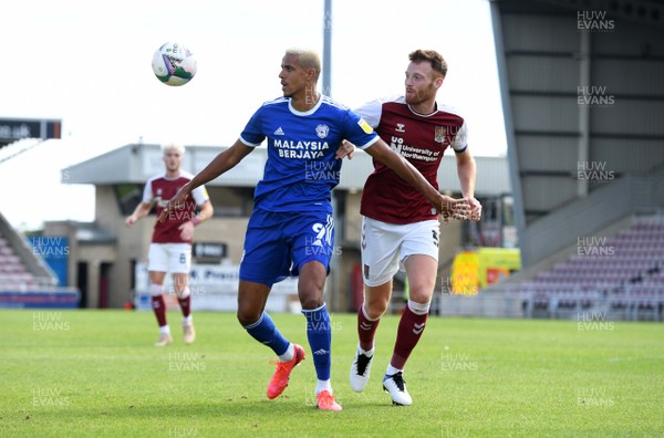 050920 - Northampton Town v Cardiff City - Carabao Cup First Round South - Robert Glatzel of Cardiff City is challenged by Cian Bolger of Northampton Town