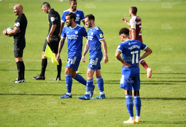050920 - Northampton Town v Cardiff City - Carabao Cup First Round South - Marlon Pack, Greg Cunningham and Josh Murphy of Cardiff City at the end of the game