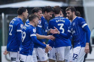 221125 - Northampton Town v Cardiff City - Sky Bet League 1 - Cardiff players celebrate Rubin Colwill of Cardiff City goal 
