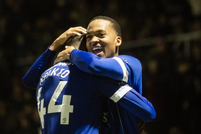 221125 - Northampton Town v Cardiff City - Sky Bet League 1 - Chris Willock of Cardiff City celebrates scoring his sides third goal with Ronan Kpakio of Cardiff City