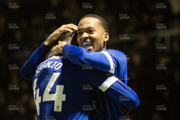 221125 - Northampton Town v Cardiff City - Sky Bet League 1 - Chris Willock of Cardiff City celebrates scoring his sides third goal with Ronan Kpakio of Cardiff City