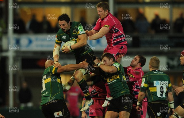 11.12.10 - Northampton Saints v Cardiff Blues - Heineken Cup - Phil Dowson of Northampton and Bradley Davies of Cardiff Blues compete for line-out ball. 