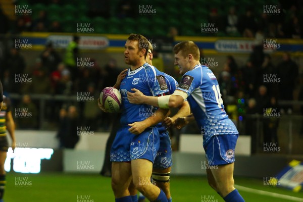081218 Northampton Saints v Dragons - European Rugby Challenge Cup - Adam Warren of The Dragons is congratulated by team mates