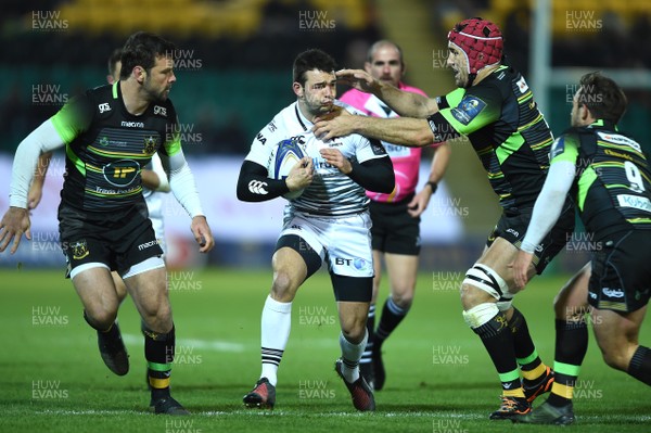 091217 - Northampton Saints v Ospreys - European Rugby Champions Cup - Tom Habberfield of Ospreys is tackled by Christian Day of Northampton