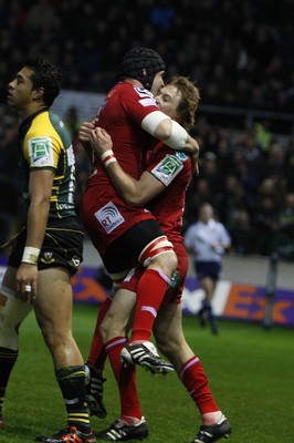 18.11.11 - Northampton Saints v Scarlets - Heineken Cup Scarlets' Liam Williams celebrates his try with team mate Jon Edwards 