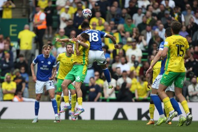 030525 - Norwich City v Cardiff City - Sky Bet Championship - Alex Robertson of Cardiff City and Jacob Wright of Norwich City challenge for a header