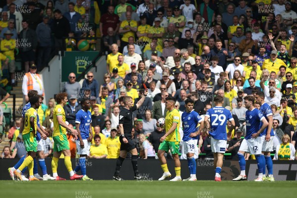 030525 - Norwich City v Cardiff City - Sky Bet Championship - Calum Chambers of Cardiff City (12) is shown a red card by referee Will Finnie