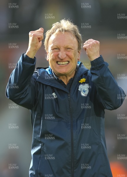 140418 - Norwich City v Cardiff City, Sky Bet Championship - Cardiff City manager Neil Warnock celebrates at the end of the match