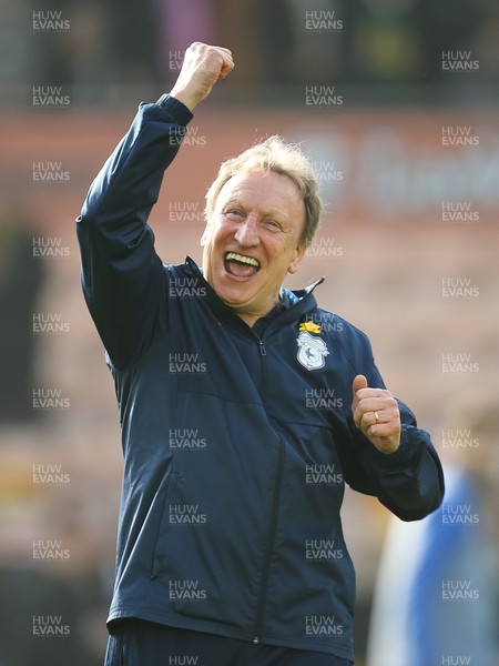 140418 - Norwich City v Cardiff City, Sky Bet Championship - Cardiff City manager Neil Warnock celebrates at the end of the match