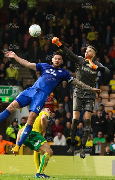 140418 - Norwich City v Cardiff City, Sky Bet Championship - Sean Morrison of Cardiff City is denied by Norwich City goalkeeper Angus Gunn