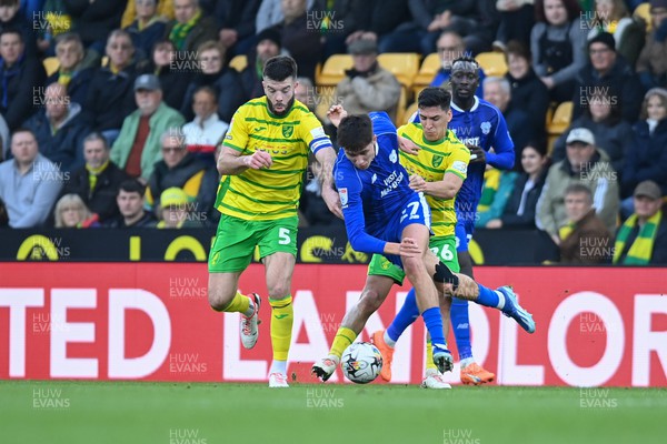 170224 - Norwich City v Cardiff City - Sky Bet Championship - Rubin Colwill of Cardiff City is brought down by Marcelino Nunez of Norwich City