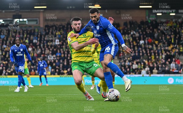 170224 - Norwich City v Cardiff City - Sky Bet Championship - Karlan Grant of Cardiff City and Grant Hanley of Norwich City