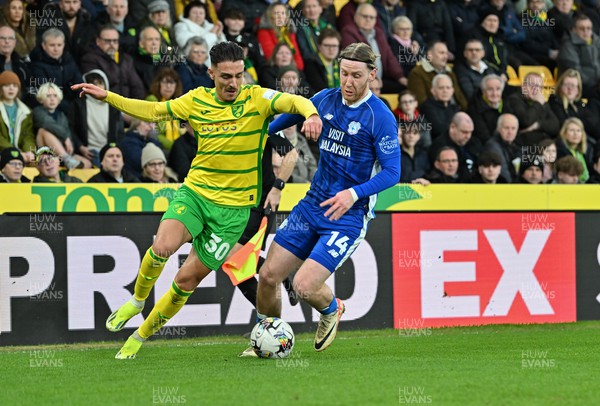 170224 - Norwich City v Cardiff City - Sky Bet Championship - Josh Bowler of Cardiff City challenges Dimitris Giannoulis of Norwich City