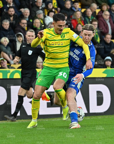 170224 - Norwich City v Cardiff City - Sky Bet Championship - Josh Bowler of Cardiff City challenges Dimitris Giannoulis of Norwich City