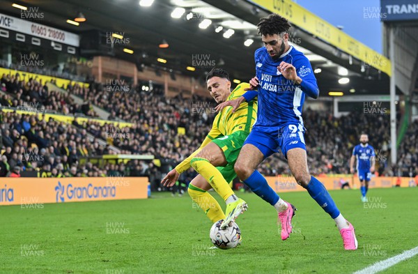 170224 - Norwich City v Cardiff City - Sky Bet Championship - Kion Etete of Cardiff City and Dimitris Giannoulis of Norwich City