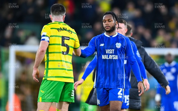 170224 - Norwich City v Cardiff City - Sky Bet Championship - Mahlon Romeo of Cardiff City looks dejected with Grant Hanley of Norwich City after losing 4-1