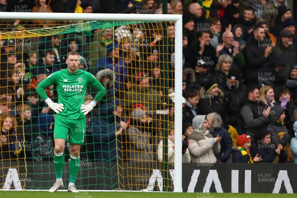 250223 - Norwich City v Cardiff City - Sky Bet Championship - Ryan Allsop of Cardiff City looks on after conceding the opening goal, scored by Gabriel Sara of Norwich City