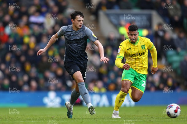 250223 - Norwich City v Cardiff City - Sky Bet Championship - Perry Ng of Cardiff City and Onel Hernandez of Norwich City